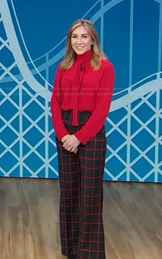 Laura Gassner Otting’s red tie neck blouse and windowpane pants on Good Morning America