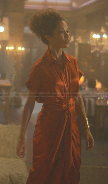 Lena Adams’s orange tie front shirtdress on Good Trouble