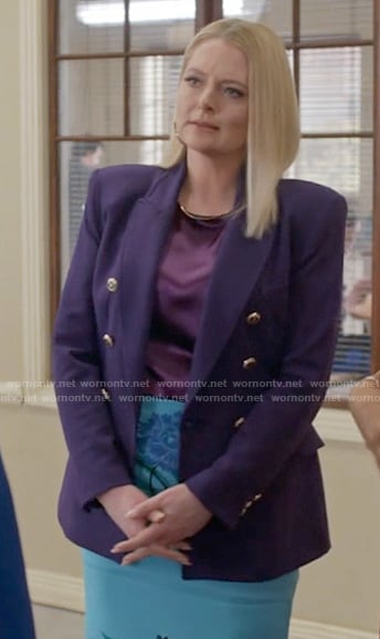 Lexi’s purple blazer and blue floral skirt on Not Dead Yet