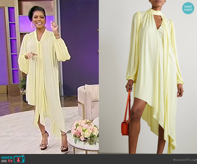 Loewe Tie-neck asymmetric crepe de chine mini dress worn by Tamron Hall on Tamron Hall Show