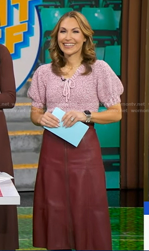 Lori’s pink short sleeve sweater and leather skirt on Good Morning America