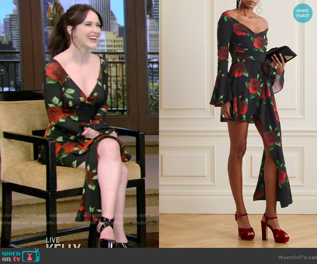 Magda Butrym Off-the-shoulder embellished floral-print mini dress worn by Rachel Brosnahan on Live with Kelly and Mark