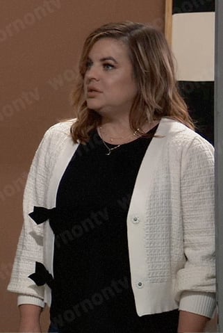 Maxie’s white cardigan with black bows on General Hospital