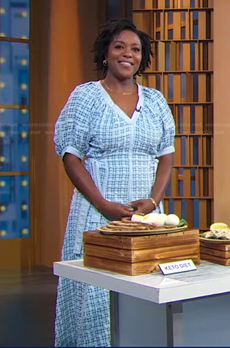 Maya Feller’s blue plaid midi dress on Good Morning America