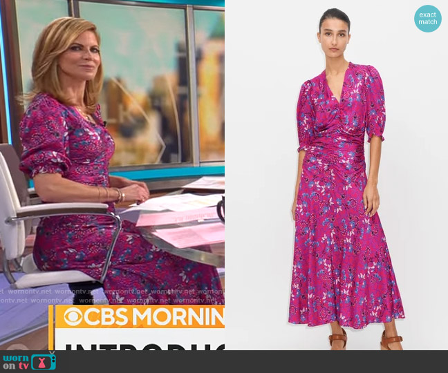 Me + Em Wild Meadow Print Ruched Midi Dress worn by Natalie Morales on CBS Mornings