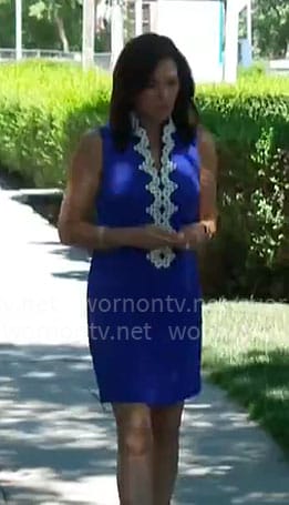Meg Oliver’s blue dress with white embroidery on CBS Mornings
