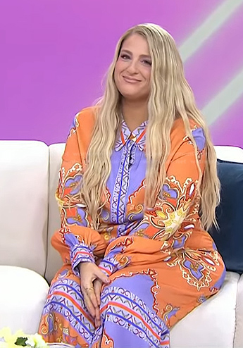 Meghan Trainor’s orange and purple printed dress on Today