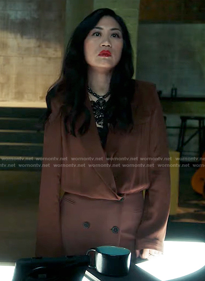 Mel’s brown dress on The Equalizer