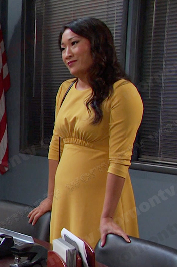 Melinda’s yellow gather-waist dress on Days of our Lives