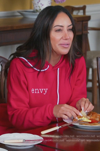 Melissa’s red envy logo hoodie on The Real Housewives of New Jersey