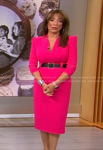 Michelle Miller’s pink belted v-neck dress on CBS Saturday Morning