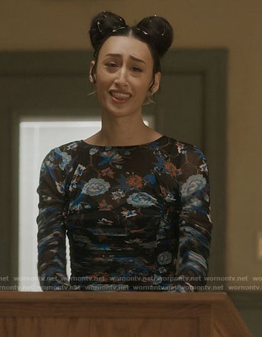 Mindy’s floral ruched dress on Single Drunk Female