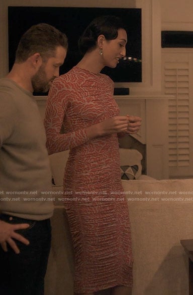 Mindy’s red printed mesh dress on Single Drunk Female