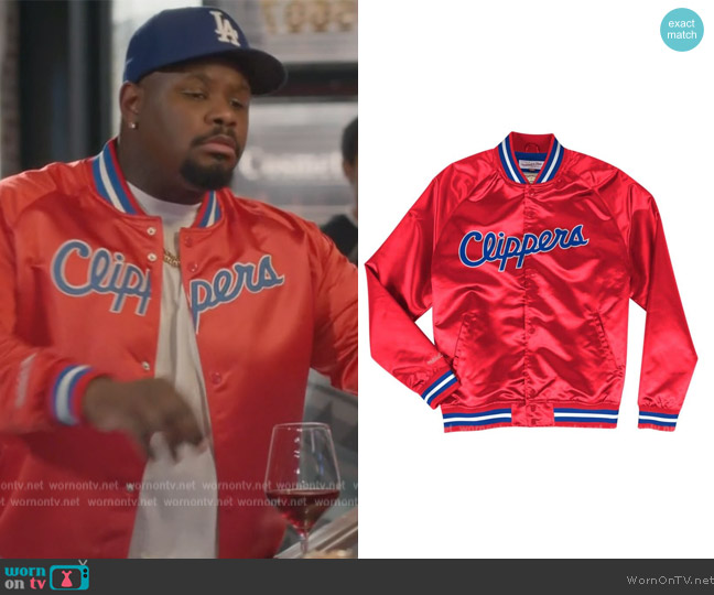 Mitchell and Ness Lightweight Satin Jacket Los Angeles Clippers worn by Sherm Jones (Carl Tart) on Grand Crew