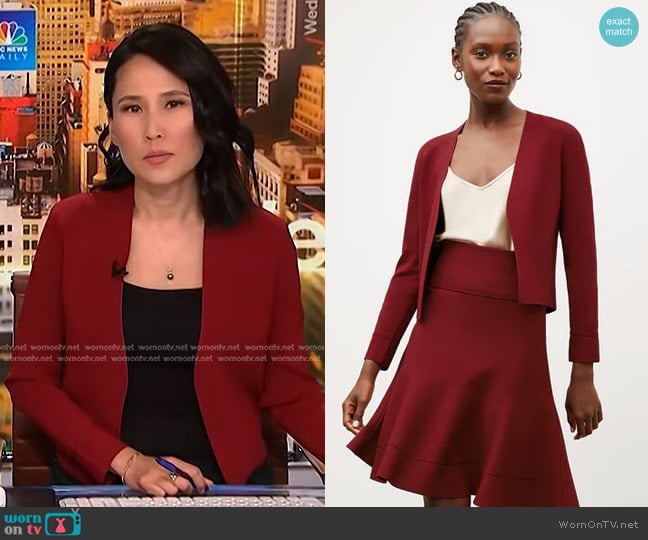 M.M. Lafleur The Sant Ambroeus Jardigan in Maroon worn by Vicky Nguyen on NBC News Daily