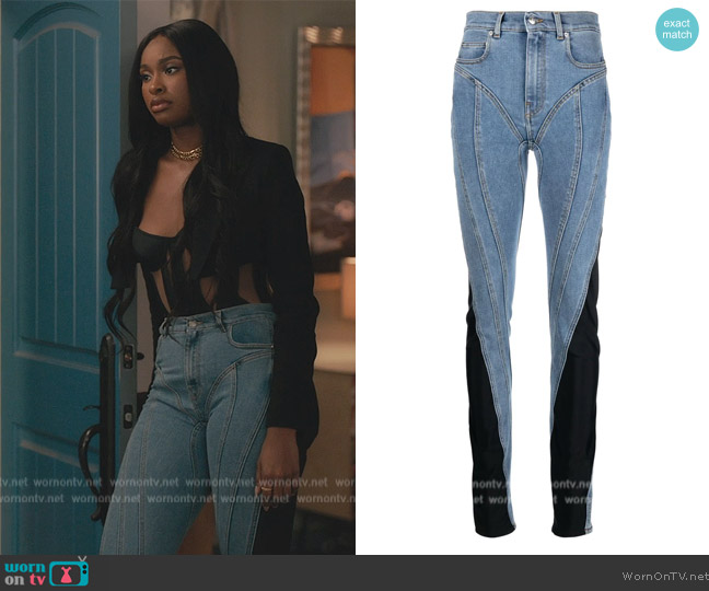 Mugler Twist-panelled high-waist jeans worn by Hilary Banks (Coco Jones) on Bel-Air