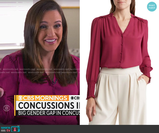 Nanette Lepore Smocked Cuff Split Neck Blouse in Raspberry Radiance worn by Nikki Battiste on CBS Mornings
