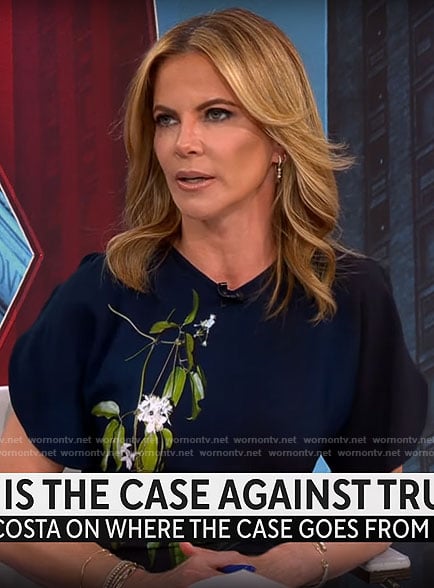 Natalie Morales’s navy blue floral graphic dress on CBS Mornings