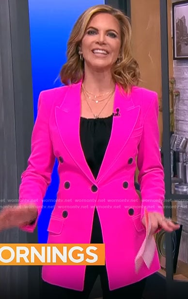 Natalie Morales’s pink blazer with black buttons on CBS Mornings