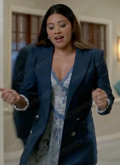 Nell’s blue plaid blazer with silver buttons on Not Dead Yet