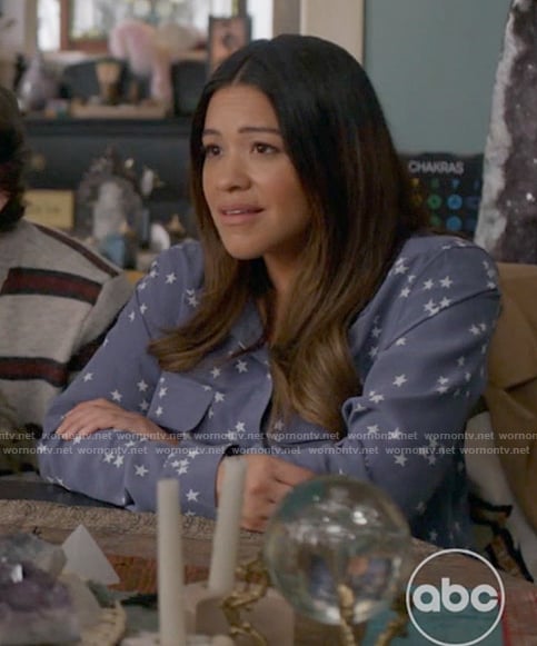 Nell’s blue star print shirt on Not Dead Yet