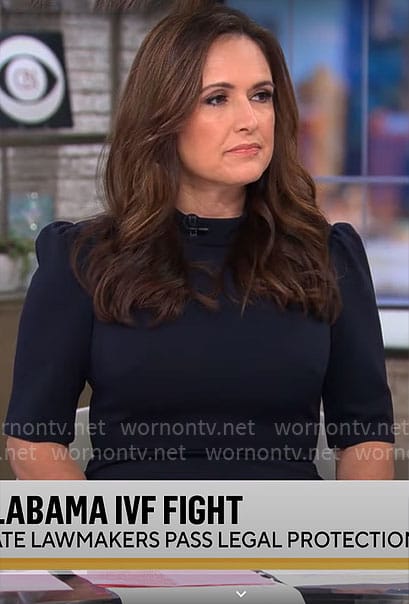 Nikki’s navy sheath dress on CBS Mornings