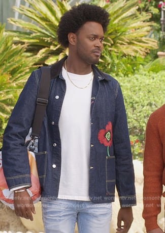 Noah’s floral embroidered denim jacket on Grand Crew