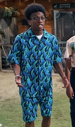 Noah’s blue flame print shirt and shorts on Bunkd