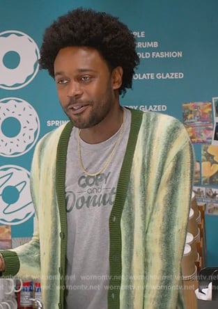 Noah’s green stripe cardigan on Grand Crew