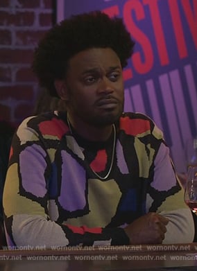 Noah’s multicolored print sweater on Grand Crew