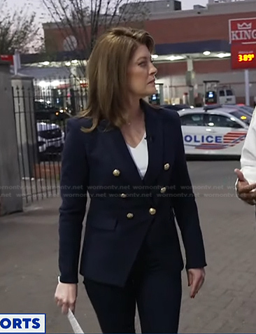 Norah’s navy double blazer with gold buttons on CBS Evening News