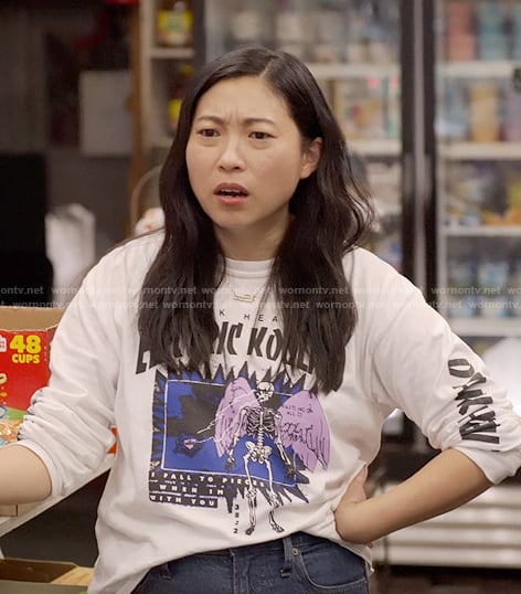 Nora’s skeleton graphic sweatshirt on Awkwafina is Nora From Queens