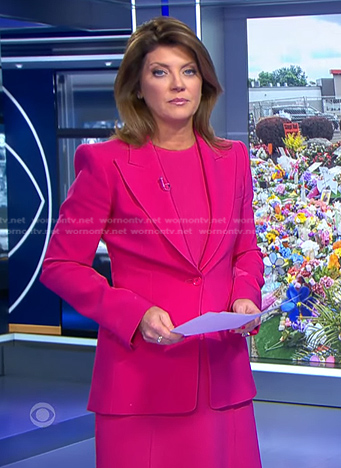 Norah’s pink peak lapel blazer on CBS Evening News