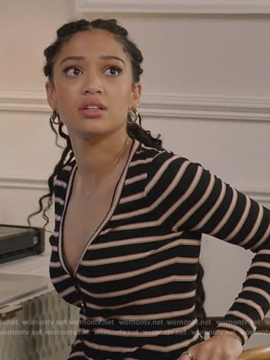 Olivia’s black striped henley top on All American