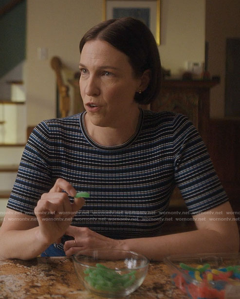Olivia’s blue striped top on Single Drunk Female