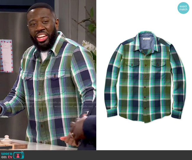 Outerknown Blanket Shirt in Jade Hammonds Plaid worn by Malcom (Sheaun McKinney) on The Neighborhood