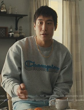 Paul’s gray Champion print sweater on Beef