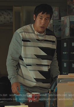 Paul’s gray geometric print sweater on Beef