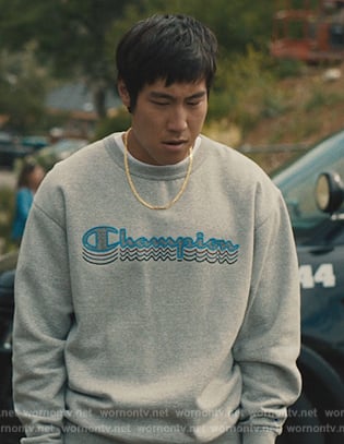 Paul’s gray Champion print sweater on Beef