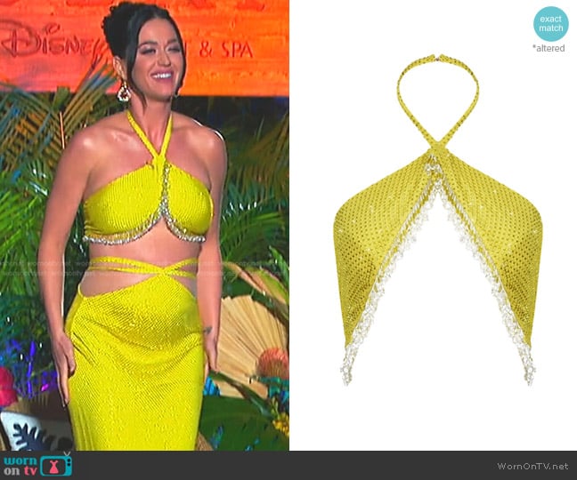 Raisa Vanessa Fringe-detailed Crystal-embellished Cropped Top in Yellow worn by Katy Perry on American Idol