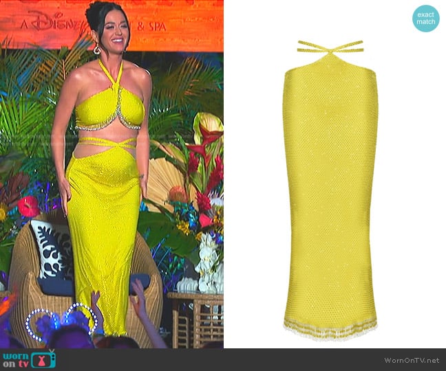 Raisa Vanessa Fringe-detailed Crystal-embellished Midi Skirt in Yellow worn by Katy Perry on American Idol
