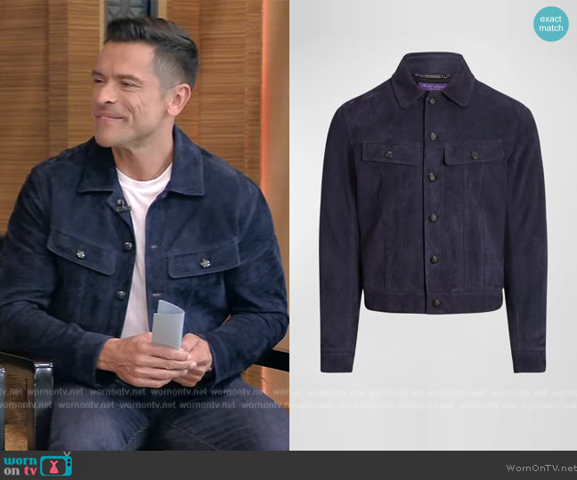 Ralph Lauren Clifton Suede Leather Trucker Jacket worn by Mark Consuelos on Live with Kelly and Mark