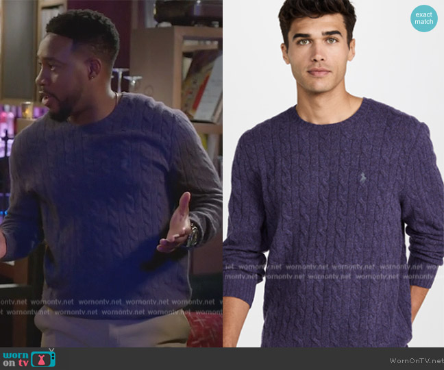 Cable Crew Neck Sweater Ralph Lauren worn by Anthony Holmes (Aaron Jennings) on Grand Crew