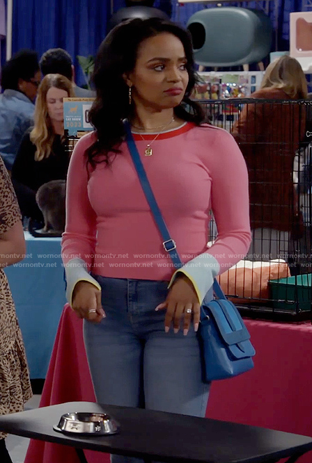 Randi’s pink knit top with blue cuffs on Call Me Kat