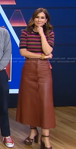 Rebecca’s striped top and brown leather skirt on Good Morning America