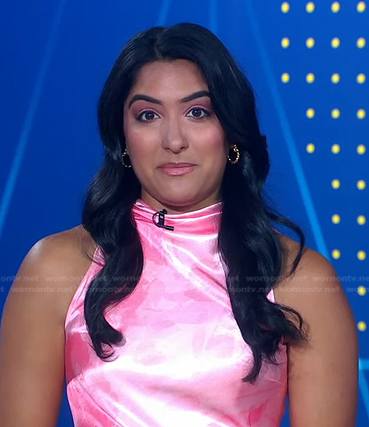 Reena Roy’s pink mock neck satin dress on Good Morning America
