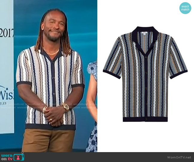 Reiss Gibbon Stripe Short Sleeve Knit Button-Up Shirt worn by Scott Evans on Access Hollywood