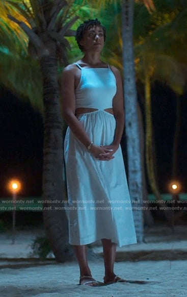 Ruby’s white midi dress with side cutouts on Fantasy Island