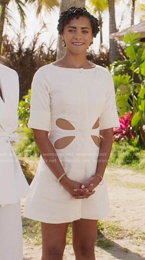 Ruby’s white short sleeved mini dress with waist cutouts on Fantasy Island