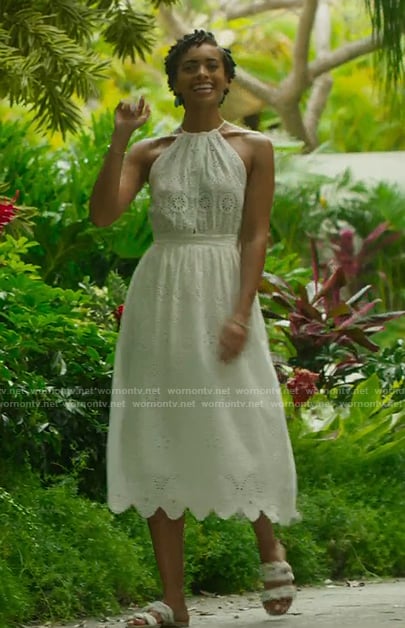 Ruby’s white eyelet midi halter neck dress on Fantasy Island